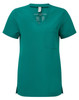 A teal women's tunic with a V-neck, short sleeves, and a chest pocket, featuring a logo on the inside tag.