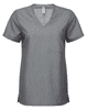 A grey women's tunic with a V-neckline and short sleeves, featuring a chest pocket and side slits.