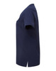 A women's navy tunic with short sleeves and a pocket, featuring a straight cut and side slits.