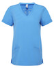 A blue women's tunic with a V-neck and short sleeves, featuring two front pockets and a logo.
