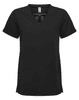 A black women's tunic with a V-neck and short sleeves, featuring two front pockets. It has a logo on the inside.
