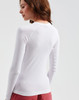 A white long-sleeve baselayer shirt with a fitted design, featuring a logo on the back.