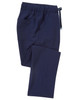 Navy cargo pants featuring an elastic waistband and side pocket, with a logo present.