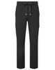Black cargo pants featuring a drawstring waist and multiple pockets, with a logo present.