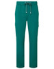 A pair of teal cargo pants with an elastic waistband and side pockets. Features a logo on the fabric.