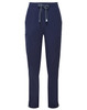 Navy women's cargo pants featuring a drawstring waist and side pockets. The design includes a logo.