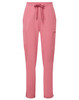 Pink women's cargo pants with a drawstring waist and side pockets, featuring a logo on the fabric.