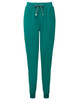 Teal jogger pants with a drawstring waist and elastic cuffs, featuring a side pocket and logo branding.