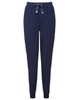 Navy women's jogger pants with a drawstring waist and cuffed ankles, featuring a side pocket and a logo.