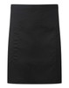 A black mid-length pocket apron featuring a front pocket and a simple design. It has a logo on it.