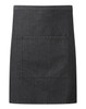 A dark denim mid-length pocket apron featuring a large front pocket and a simple design. It has a logo.