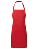 A red waterproof apron with a neck strap and adjustable fastening, featuring a logo at the top.