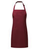 A maroon waterproof apron with a neck strap, suitable for children, featuring a logo on the front.
