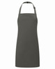 A grey kids' bib apron with an adjustable strap and a simple design. It features a logo on the fabric.