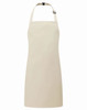 A beige kids bib apron featuring a halter neck design and adjustable strap. It has a logo on the front.