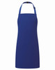 A blue kids bib apron with a halter neck design and an adjustable strap. It features a logo.