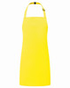 A yellow kids bib apron with a halter neck design and an adjustable strap. It has a logo on it.