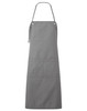 A grey canvas apron with double pockets and adjustable neck straps, featuring a logo.