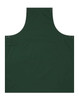 A dark green custom apron featuring a pocket and snap closures, with a logo visible on the fabric.