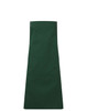 A dark green apron featuring button details and a spacious central pocket. The design includes branding.