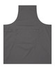 A grey custom apron featuring a front pocket and snaps for adjustment, with a logo present.