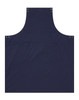 A navy blue custom apron featuring a large pocket and metal studs at the neckline, with a branding logo.