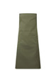 A custom apron in olive green with a front pocket and metal snaps at the top. It features a logo or branding.