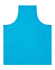 A bright blue custom apron featuring a front pocket and snap closures at the top. Branding is visible.