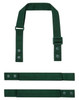 A green custom apron strap set, featuring a neck strap and two waist straps, with snap buttons and clasps.