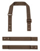 Brown custom apron straps featuring adjustable clips and snaps, shown in a flat layout.