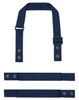 A navy blue apron strap set with adjustable and detachable components, featuring buttons and a buckle.