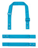 A turquoise custom apron strap set featuring adjustable lengths and snap fasteners, with a logo present.