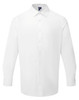 A white long-sleeve shirt with a button-up front and collar; features a logo on the label.