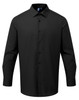 A black long-sleeved poplin shirt with a button-up front and a collar, featuring a logo.