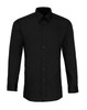 A black fitted long-sleeve shirt with a collar and buttons down the front. It features a branded logo.