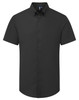 A short-sleeved men's shirt in black, featuring a button-up front and a collared neck. Includes a branded logo.