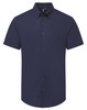 A short-sleeved men's shirt in navy blue with a button-down front and a branding logo on the collar.