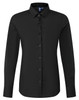 A black long-sleeve poplin shirt featuring a button-up front and a collar, with a logo on the label.