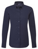 A navy long-sleeve women's shirt with a buttoned front and collar, featuring a logo on the chest.