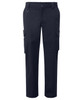 Navy cargo trousers featuring multiple pockets and a logo. Designed for work and utility.