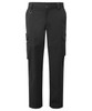 Black cargo trousers featuring side pockets and a logo. Suitable for work environments and casual wear.