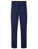 A pair of navy trousers with a button and zip fly, featuring a standard cut and a waistband.