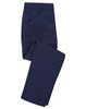 A pair of navy blue trousers with a tailored design, featuring pockets and a smooth fabric finish.