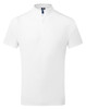 A white short-sleeved shirt with a high collar, featuring a button placket and a logo on the chest.