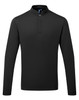 A black long-sleeved chef's shirt with a stand-up collar and a single button detail, featuring a branding logo.