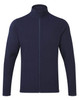 A navy microfleece jacket with a high collar and full zip closure, featuring long sleeves and a logo.