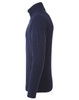 A navy blue microfleece jacket with a zip, featuring a high collar and long sleeves. It has a logo on the side.
