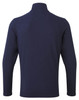 A navy blue microfleece top featuring a high collar and long sleeves, with a branding logo on the back.