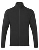A black microfleece jacket with a full zip and high collar. It features long sleeves and has a branding logo.