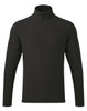 A black microfleece top featuring a 1/4 zip, long sleeves, and a minimalistic design with a logo.